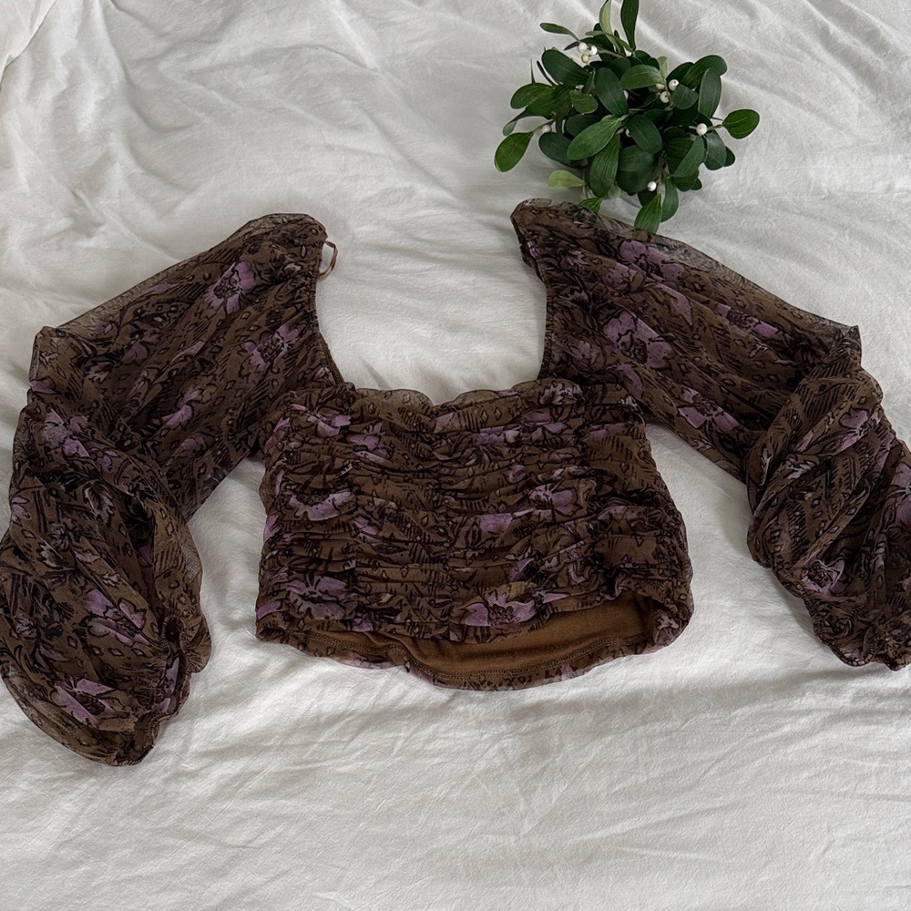 Free People Brown and Purple Ruched Blouse